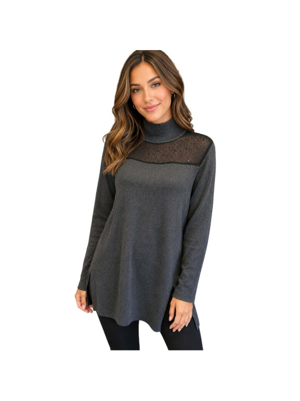 NWT evening tunic see through panel sparkle long sleeve sweater glam modest L